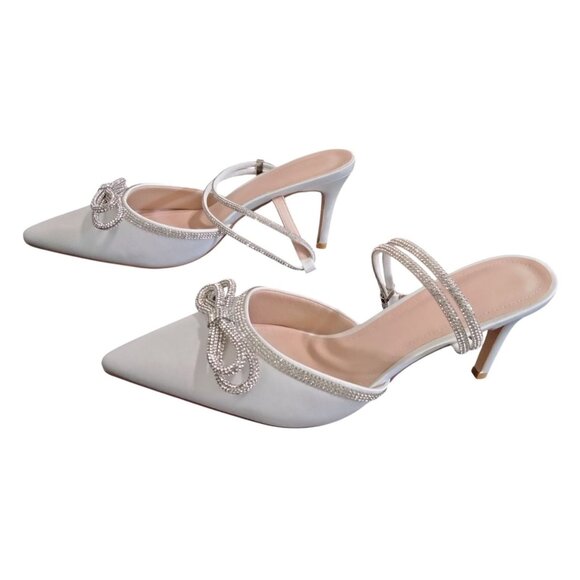 Susanny Size 12 Heel Womens White Satin Shoes Rhinestone Strappy Closed Toe Bow - Picture 4 of 7